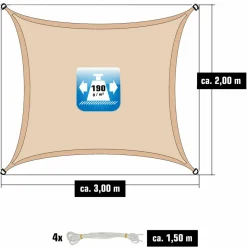 AMANKA 2 x 3 Wasserdichtes Sonnensegel mit Befestigung - Beige