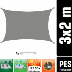 AMANKA 2 x 3 Wasserdichtes Sonnensegel mit Befestigung - Grey