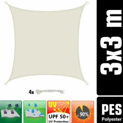 AMANKA 3x3 Wasserdichtes Beige Sonnensegel mit Befestigung