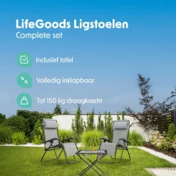 LifeGoods 2er-Set Relaxstühle mit Tisch - Grey